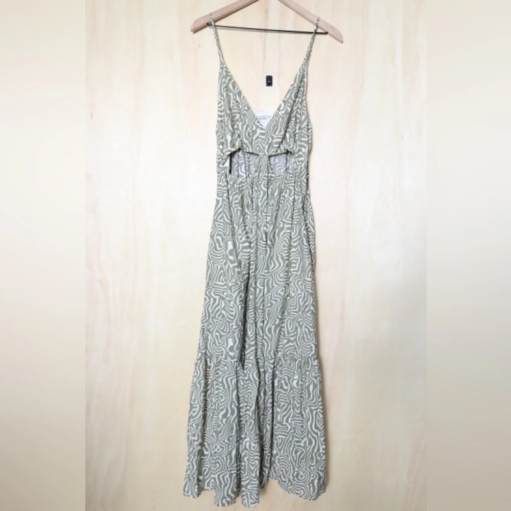 Abercrombie & Fitch Abstract Geometric Cut-Out Tiered Maxi Dress Green Size XL‎